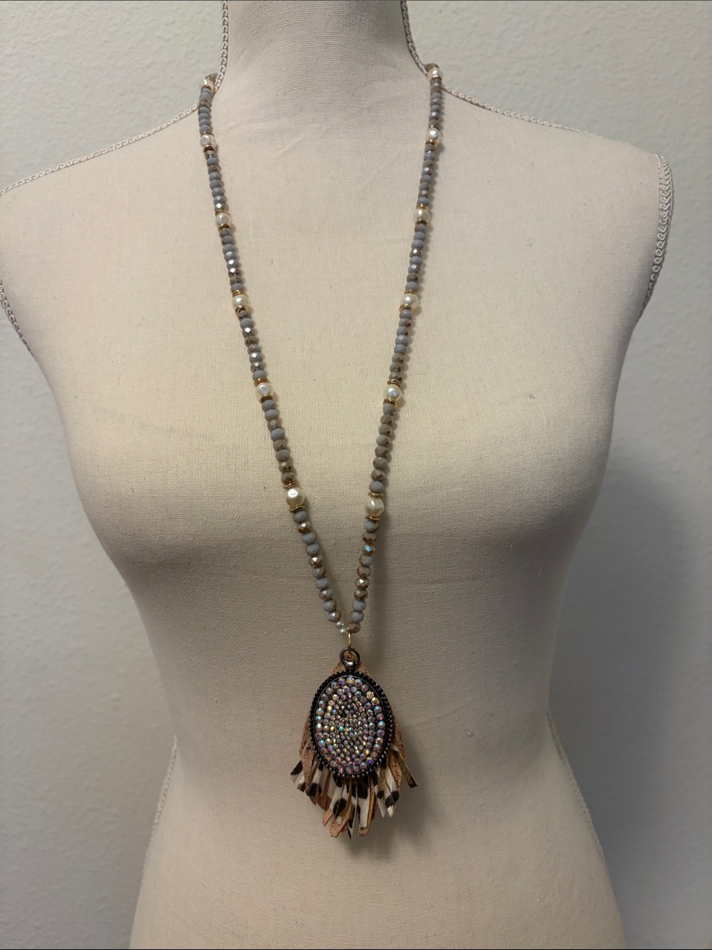 Ashlyn and Rose Long Beaded Grey and Gold Pendant Necklace with Feather Tassel